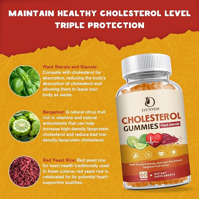 (2 Pack) Cholesterol Supplements Gummies for Cholesterol Healthy Plant Sterols &amp Stanols Red Yeast Rice Citrus Bergamot Complex for Cholesterol Maintain Healthy Cholesterol Levels - 60 Day Sup