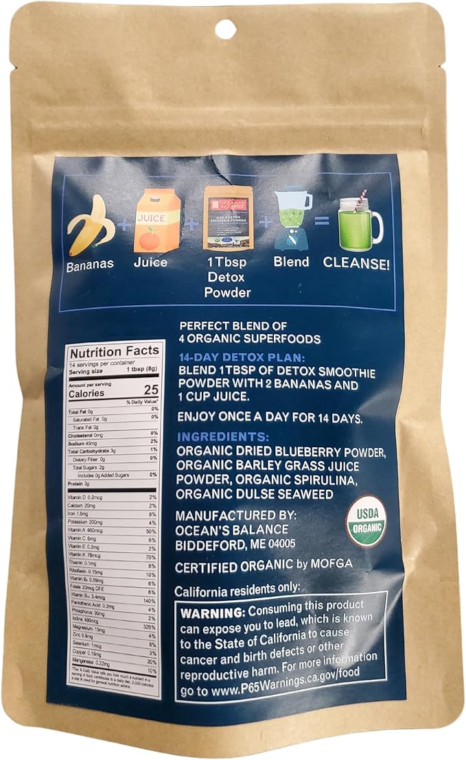 Detox Green Superfood Smoothie P| Organic Blueberry Powder Spirulina Atlantic Dulse Seaweed &amp Barley Grass Juice Powder — 14-Day Detox Cleanse (08 Ounce (Pack of 1))