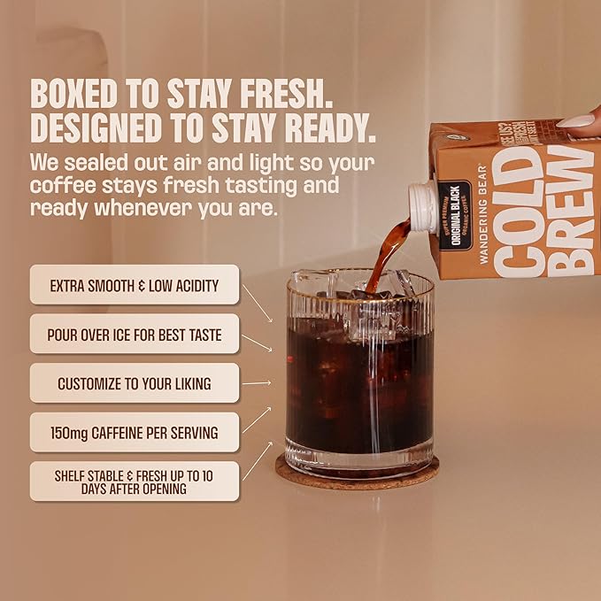 Wandering Bear Organic Unsweetened Extra Strong Cold Brew in a Box - Make Your Own Iced Coffee Drink with Wandering Bear Black Concentrate Shelf-Stable &amp Vegan - 21 Servings - 32 fl.oz