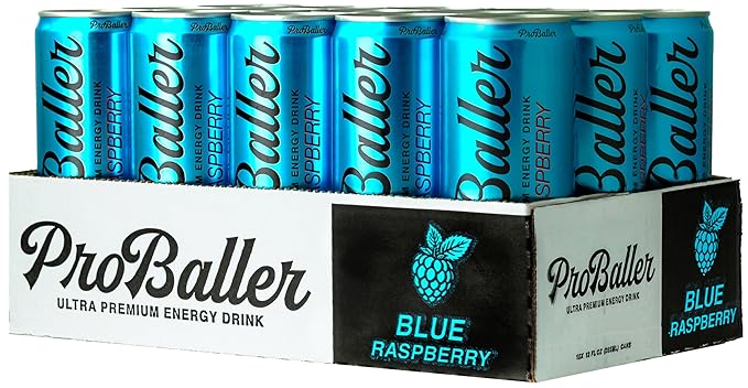 ProBaller Clean Energy Drink - Athlete-Grade Energy for Focus &amp Performance Zero Sugar NSF Certified for Sport Natural Caffeine Biotin Electrolytes Amino Acids &amp B Vitamins - Blue Raspbe
