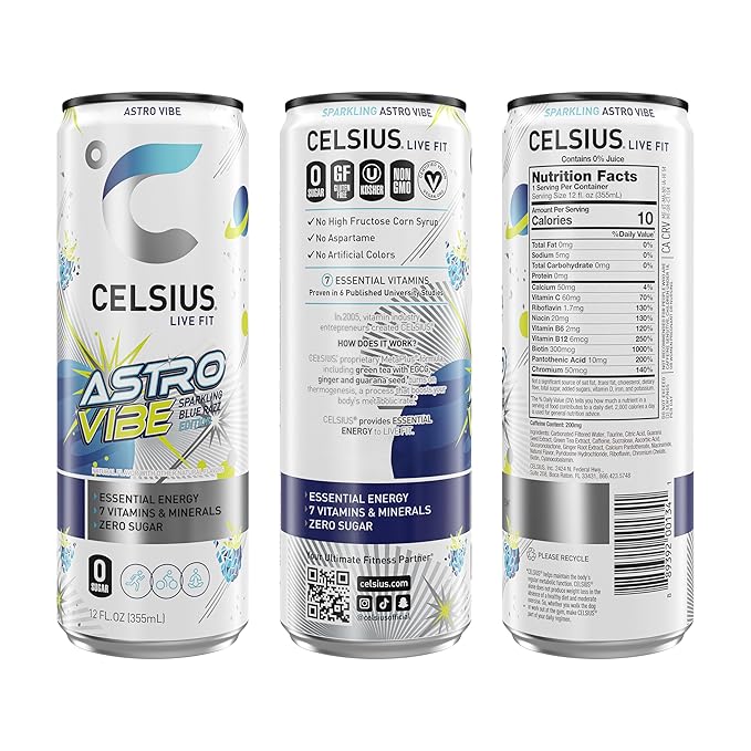 CELSIUS ASTRO VIBE Sparkling Blue Razz Sugar Free Energy Drink 12 Fl Oz (Pack of 12)