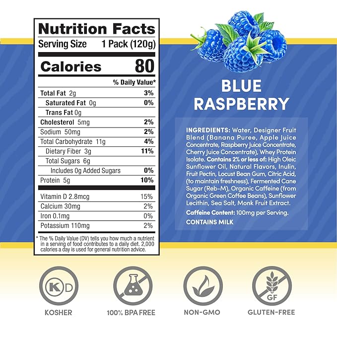 Designer Wellness Energy Smoothie Real Fruit 100mg Natural Caffeine 5g Protein Low Carb Zero Added Sugar Gluten-Free Blue Raspberry 12 Count