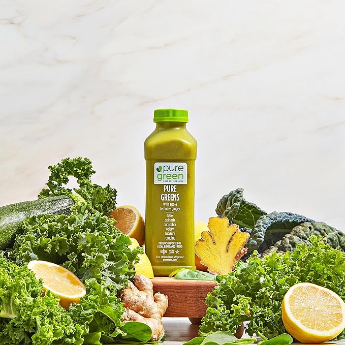 Pure Green Cold Pressed Juice - Pure Greens LG - Fresh Functional Blend with Greens Lemon Ginger - Natural Gluten Free Non-GMO No Artificial Colors or Flavors - Made from Real Fruits &amp Veggie