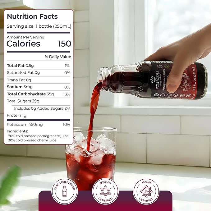 Pure Pomegranate &amp Cherry Juice 8.4oz Glass Bottle (Pack of 12) Cold Pressed Juice Not from Concentrate Non-GMO No Sugar Added Gluten Free Kosher Certified Preservative Free