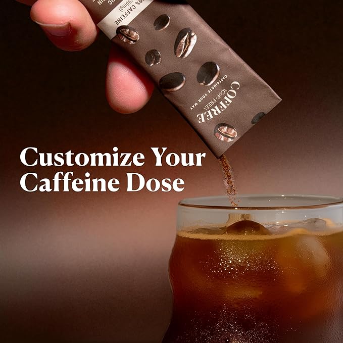 COFFREE Organic Instant Coffee Packets - Caffeine Management Packs from 150-0% Decaf Coffee - Low Acid Mold Free Made with Arabica Beans - Hot or Cold Single Serve Packets 144 Count (6 Packs of 24)