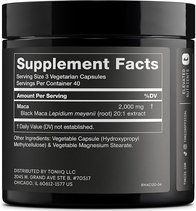 Toniiq Black Maca Root - Ultra High Potency 20:1 Extract - Single Origin Wildcrafted &amp Highly Concentrated - Third-Party Lab Tested - 120 Capsules