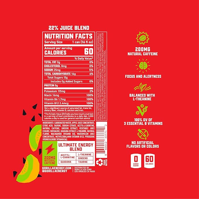 Gorilla Energy Original &amp Watermelon Melon Energy Drink 200mg Natural Caffeine Real Fruit Juice Squeezed &amp Concentrated No Added Sugar and No Artificial Colors 24 Cans