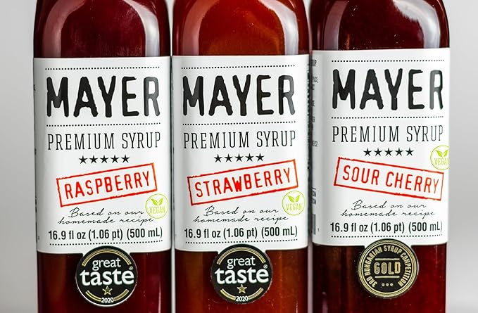 Mayer Strawberry Raspberry Sour Cherry Syrups – Award-Winning Crafted with 100% Real Fruits and 3 Natural Ingredients Vegan Gluten Free Dairy Free Versatile for Beverages &amp Desserts – No Ar