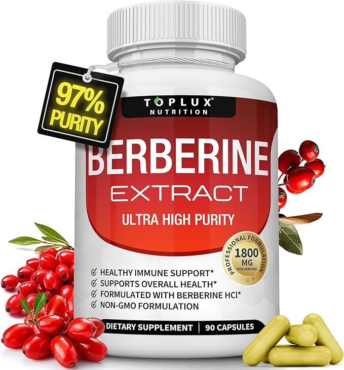 Toplux Berberine Supplement 1800mg - Berberine HCL 97% Tested Ultra High Purity Premium Berberine Extract to Support Overall Health High Potency Berberine Plus Non-GMO Vegan Men Women 90 Capsules