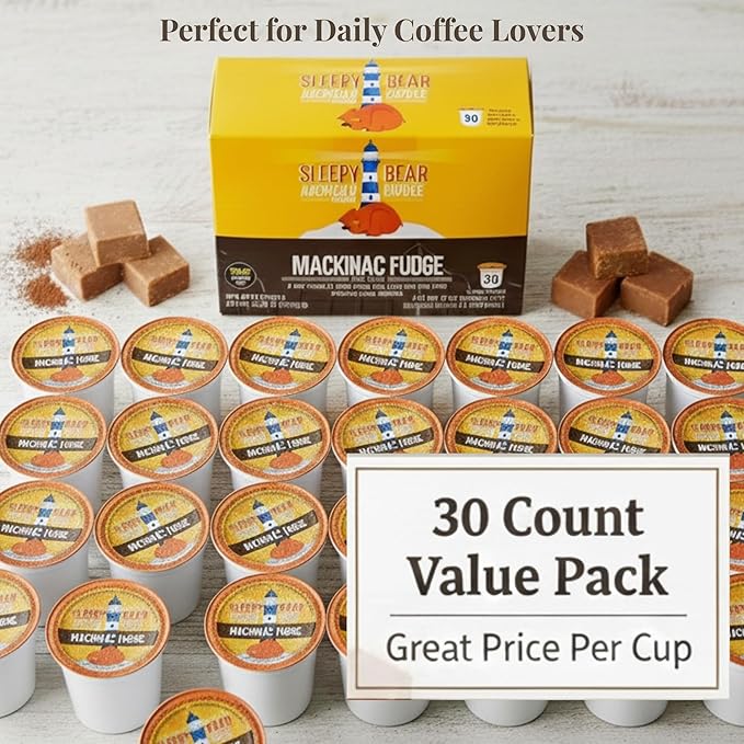 Sleepy Bear Coffee Pods Medium Roast Arabica Rich Flavor Michigan-Made Smooth &amp Sweet No Sugar Added 30ct Pods Compatible with Single-Serve Brewers (Mackinac Fudge)