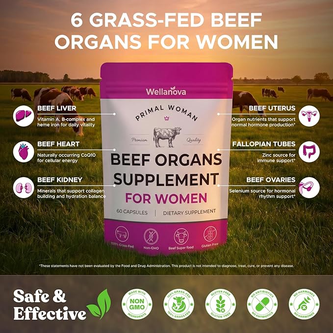 Primal Beef Organ Supplement for Women Grass-Fed Ancestral Superfood Supplement with Uterus &amp Liver for Hormone Balance &amp Queen Energy - 60 Day Supply