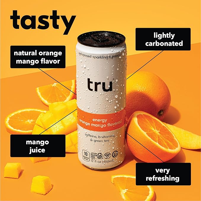 Tru Energy Seltzer Sparkling Water with Natural Caffeine Orange Mango Juice Green Tea Extract &amp B Vitamins Lightly Carbonated Energy Drink Gluten Free Vegan Low Calorie 12 FL OZ Cans 12 P