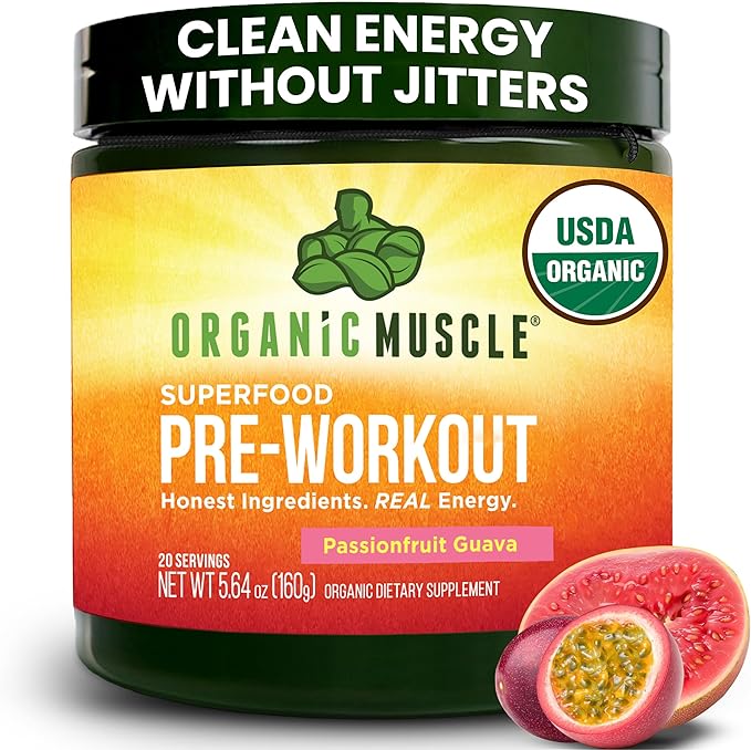 USDA Organic Pre-Workout Powder Passionfruit Guava | Clean Energy Without Jitters | Natural Performance Boost | No Artificial Sweeteners | 20 Superfoods | Low Caffeine 20 Servings