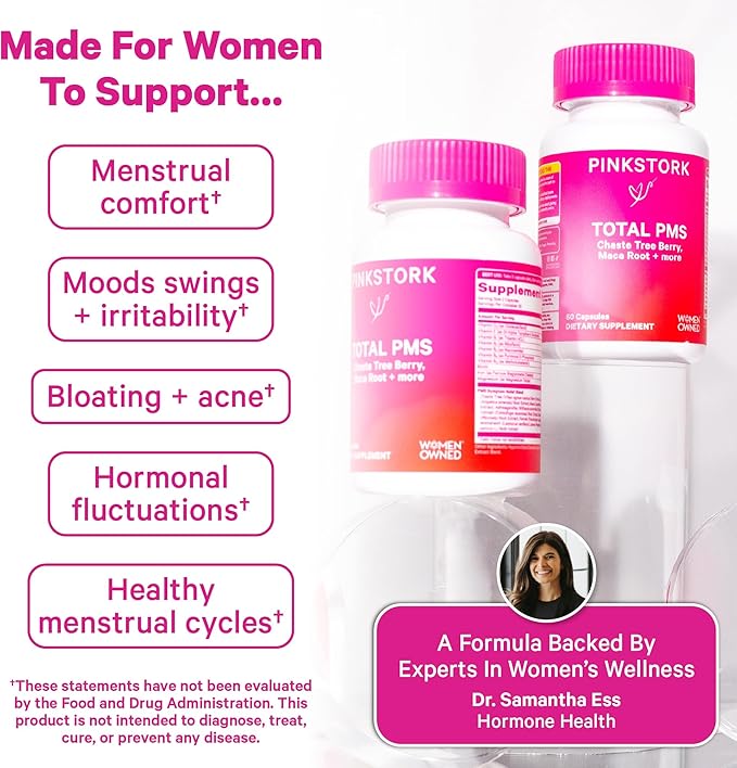 Pink Stork PMS Supplement for Women - Vitex Ashwagandha Maca Root &amp 10 Vitamins &amp Minerals to Support Hormone Balance Mood Bloating Period Regularity - 60 Capsules