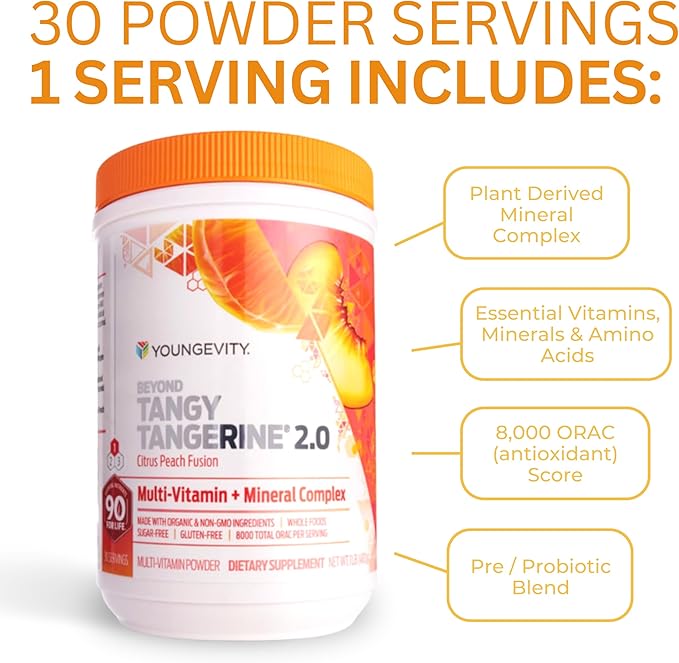 Youngevity Beyond Tangy Tangerine 2.0 Citrus Peach Fusion Multi-Vitamin &amp Mineral Complex - Made with Natural &amp Whole Foods | 8000 ORAC (6-Pack)