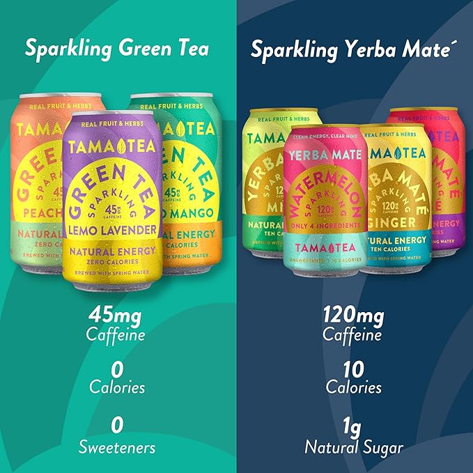 Organic Sparkling Yerba Mate Unsweetened Yerba Mate Tea Variety Pack by Tama Tea - Sugar Free Energy Drink Alternative 120mg of Natural Caffeine 12 oz (12-Pack)
