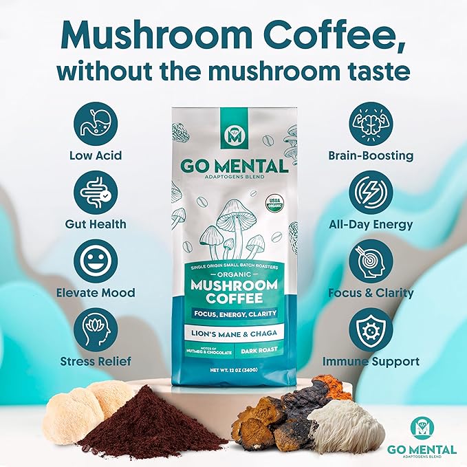 Organic Lion's Mane &amp Chaga Mushroom Coffee Ground Dark Roast Full Fruiting Bodies For Enhanced Brain Function Immune Support Wellbeing Grade 1 Single Origin 12oz - Ground