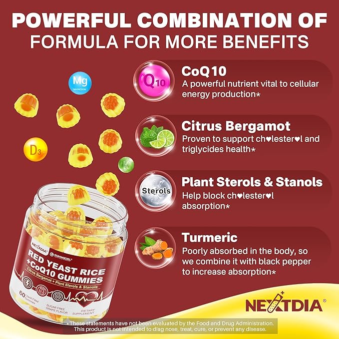 Suagr Free Red Yeast Rice Gummies 2400MG with CoQ10 + Collagen Gummies for Women &amp Men