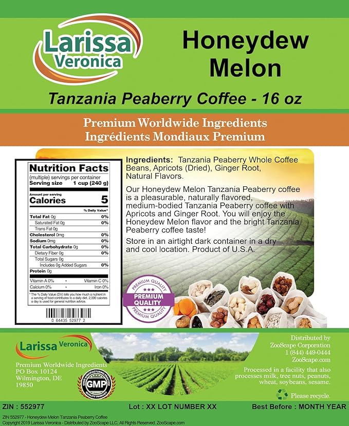 Honeydew Melon Tanzania Peaberry Coffee (Gourmet Naturally Flavored Whole Coffee Beans) (16 oz ZIN: 552977) - 3 Pack