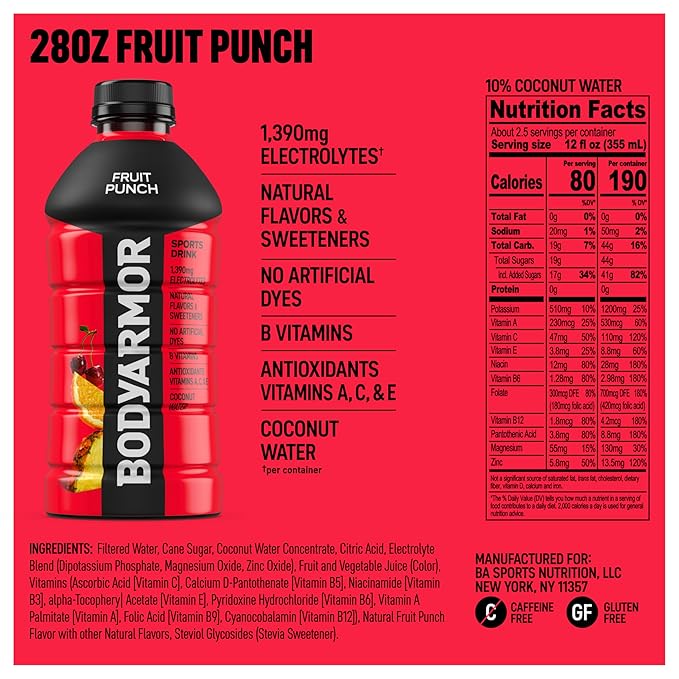BODYARMOR Sports Drink Fruit Punch Electrolyte Drink Hydration 28 Fl Oz Bottles (15 Pack) Flavored Coconut Water with B Vitamins &amp Antioxidants