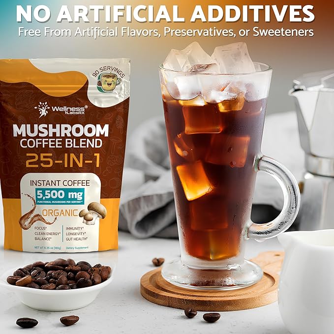Mushroom Coffee Organic Instant Coffee 25-in-1 Third-Party Tested Keto Friendly Lions Mane Supplement with Functional Mushrooms – Shiitake Reishi Lion’s Mane &amp More | Smooth Rich Flavor - 90