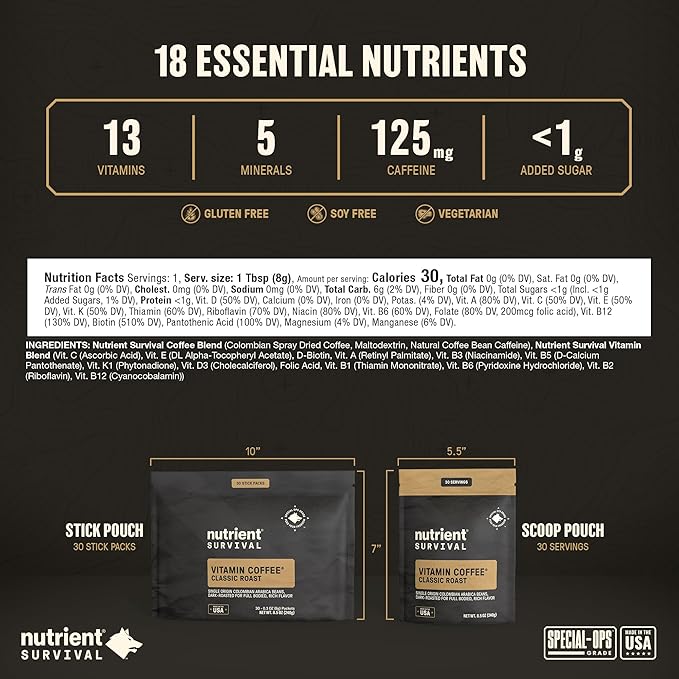Nutrient Survival Coffee Vitamin Enriched Dark Roast Coffee 100% Colombian Arabica Prepper Supplies 13 Essential Vitamins Shelf Stable up to 18 Months 30 Single Serve Stick Packs