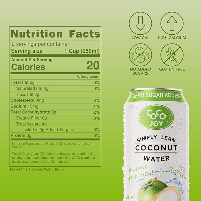 CoCo Joy Lean Coconut Water Zero Sugar Added Low-Carb High-Calcium Nutrient-Rich Drink 12 pack