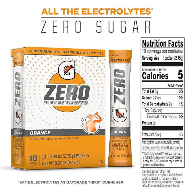 Gatorade G Zero Sports Drink Mix Powder PacketsOrangeElectrolyte Powder Drink Mix for HydrationZero Sugar(Pack of 240)