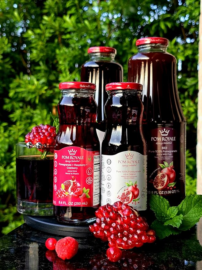 Pure Pomegranate Juice with Pulp 33.8oz Glass Bottle (Pack of 4) Cold Pressed Juice Not from Concentrate Non-GMO No Sugar Added Gluten Free Kosher Certified Preservative Free