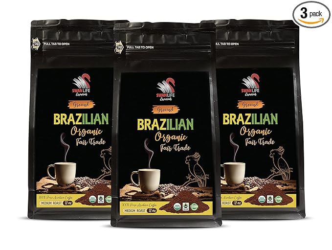 brazilian roast coffee - BRAZILIAN GROUND COFFEE ORGANIC 100% Arabica Medium Roast low acidity Fair Trade non gmo - ground coffee in bulk 3 Bags (36 Oz)