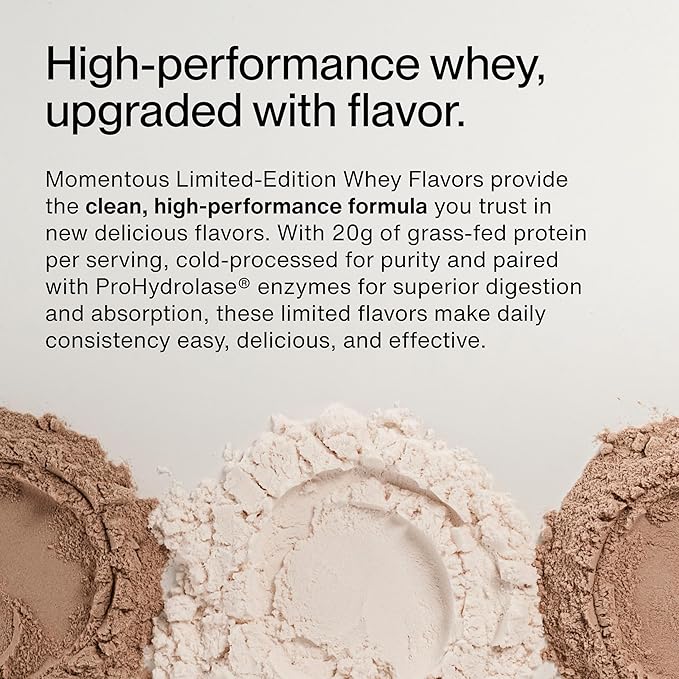 Momentous Essential Grass-Fed Whey Protein Powder - 20 g Whey Isolate Protein - NSF Certified for Sport - Gluten-Free - 12 Servings for Essential Everyday Use - Chocolate Fudge - Package May Vary