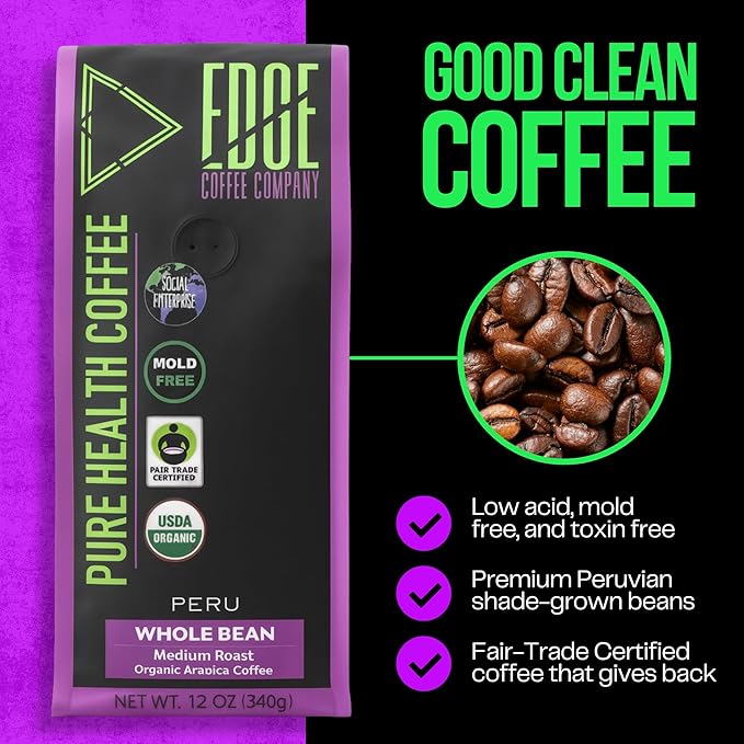 Mold Free Pure Health Coffee - Organic Fair Trade Specialty Grade Low Acid Clean Coffee 12oz (Whole Bean)
