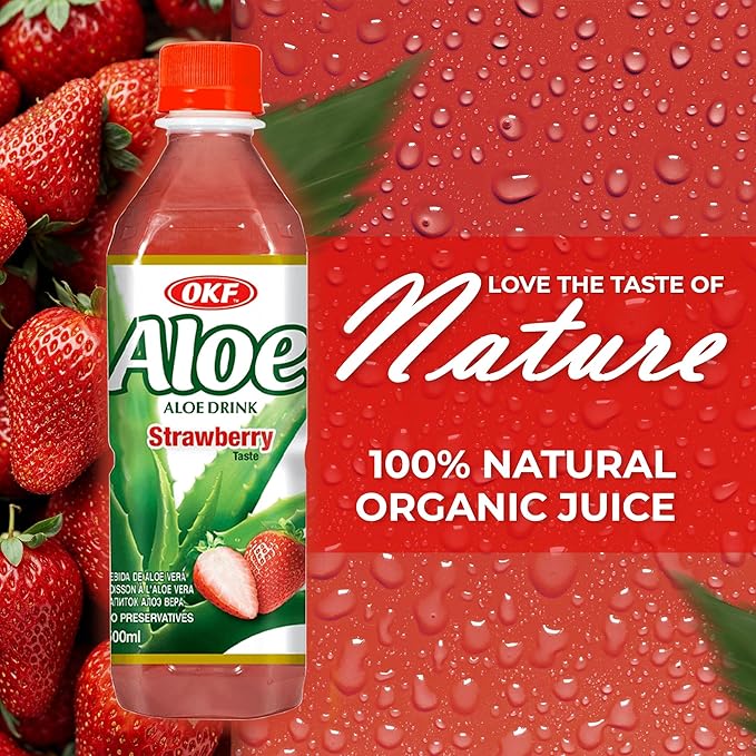 OKF Aloe Vera Drink Juice with Pure Aloe Pulp Variety 16.9 oz. (Strawberry Pack of 20) Plant Based Drink Korean drinks