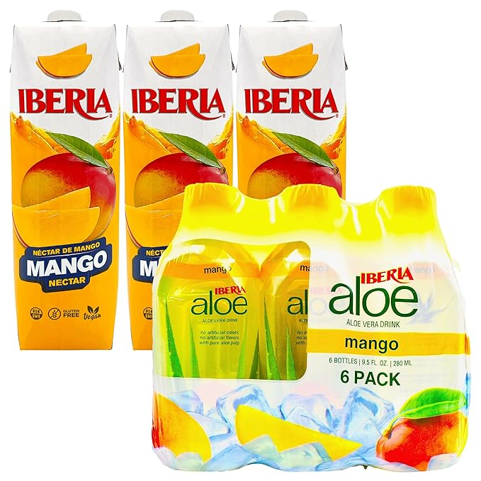 Iberia Mango Nectar 33.8 fl. oz. (Pack of 3) + Iberia Aloe Vera Drink with Pulp 9.5 fl oz Mango (Pack of 6)