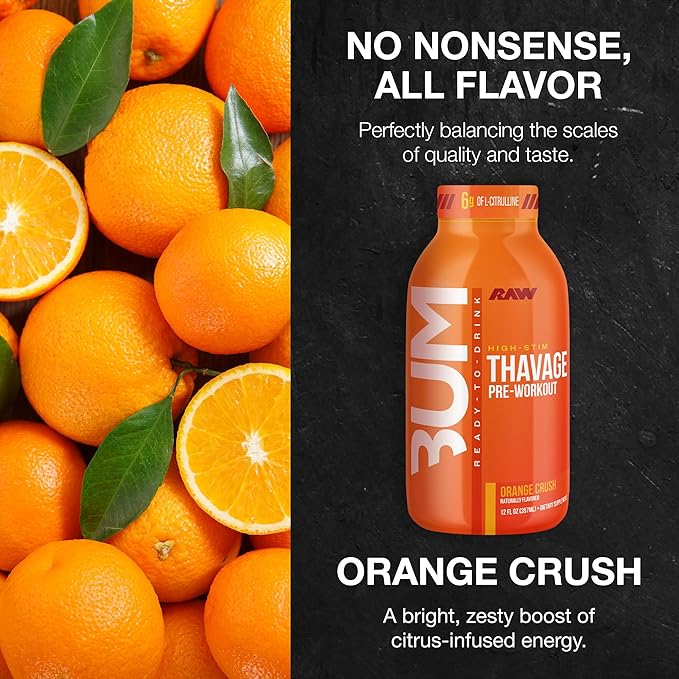 RAW Ready to Drink Pre-Workout Drink Orange Crush - BUM Thavage RTD Preworkout Shakes - Energy Supplement Drinks with Beta Alanine L-Citrulline &amp Caffeine - Zero Sugar