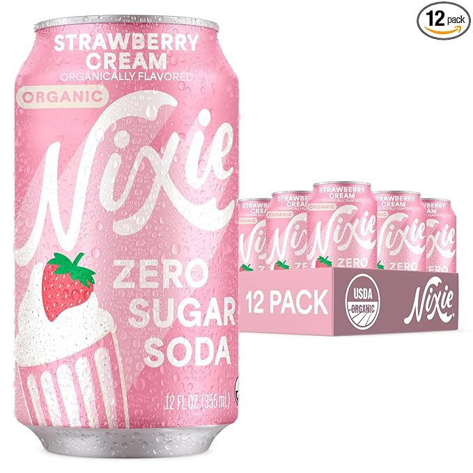 Nixie Organic Zero Sugar Soda NEW Strawberry Cream Healthy Soda Pop Non-GMO 0 Sugar 0 Calories Caffeine Free 12oz Cans (12 Pack)