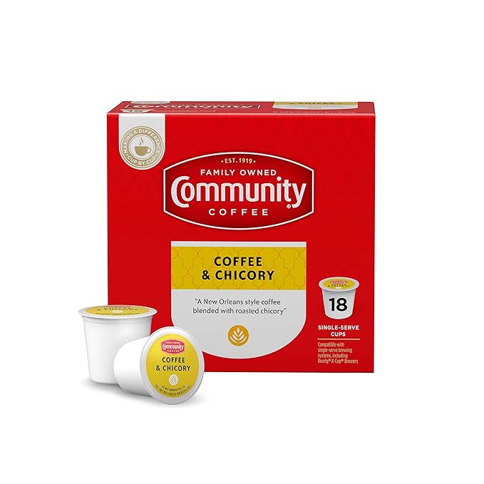 Community Coffee &amp Chicory 18 Count Coffee Pods Medium Roast Compatible with Keurig K-Cup Brewers