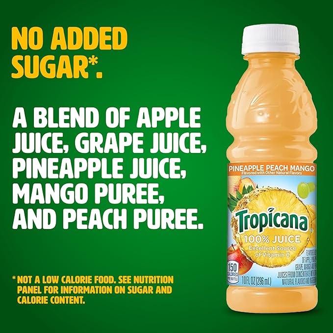 Tropicana 100% Pineapple Peach Mango Juice Single Serve 10 Fl Oz Bottles (Pack of 24) - Real Fruit Juice Vitamin C B &amp E Rich No Added Sugars No Artificial Flavors