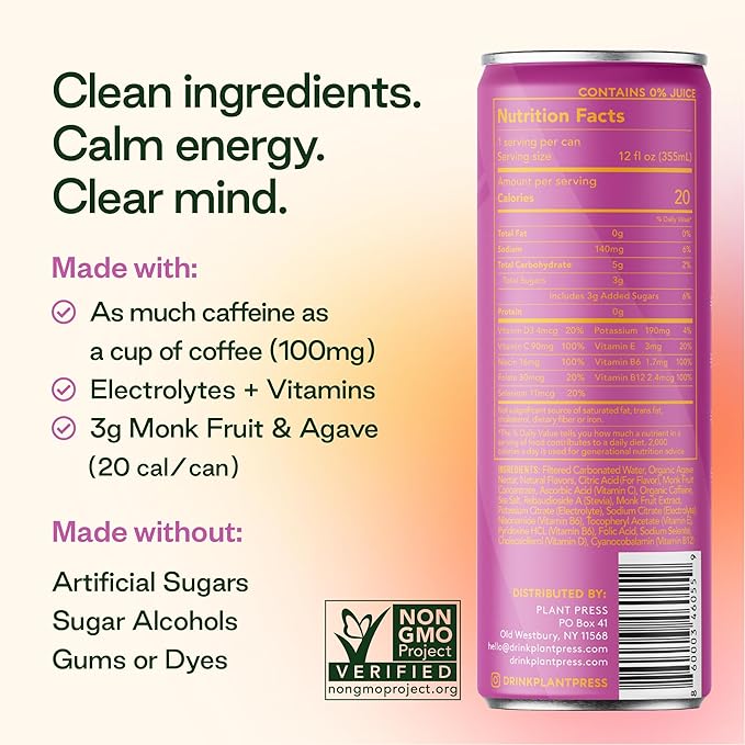 Plant Press - Organic Energy Drink 100 mg Caffeine Clean Coffee Alternative Full Range of Vitamins Electrolytes No Sugar Alcohols No Preservatives (12 Fl Oz (Pack of 12) Mango Dragonfruit)