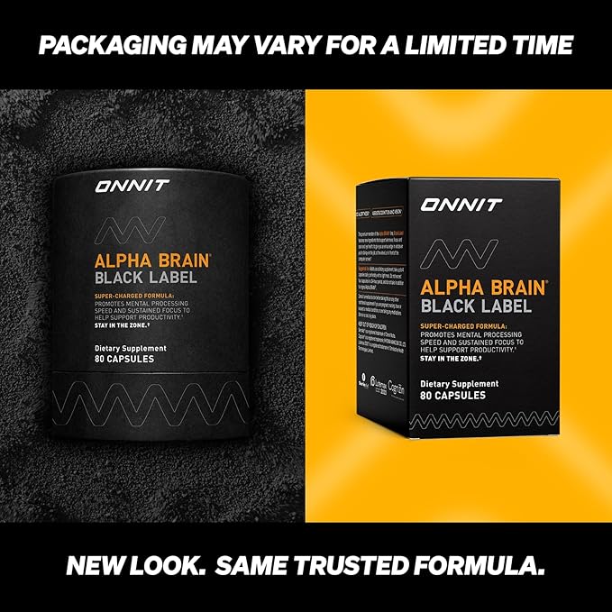 ONNIT Alpha Brain Black Label Capsules IGEN Non-GMO Tested Citicoline Brain Supplement for Concentration and Memory Lion’s Mane Lutemax Lutein L Theanine and Mucuna Pruriens 80 Count