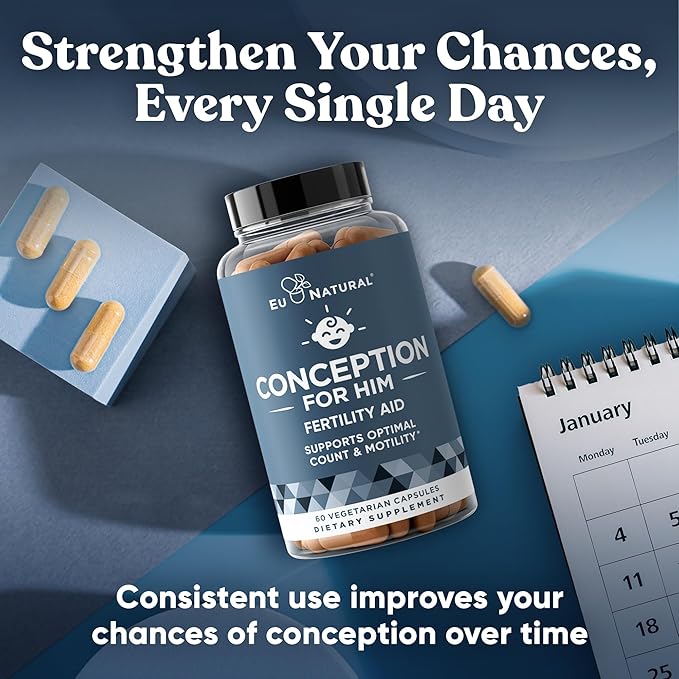 Eu Natural Conception for Him - Male Fertility Supplements with Ashwagandha Folate &amp Zinc - Sperm Count Motility &amp Strength Support - Fertility Support for Men 120 Vegetarian Capsules