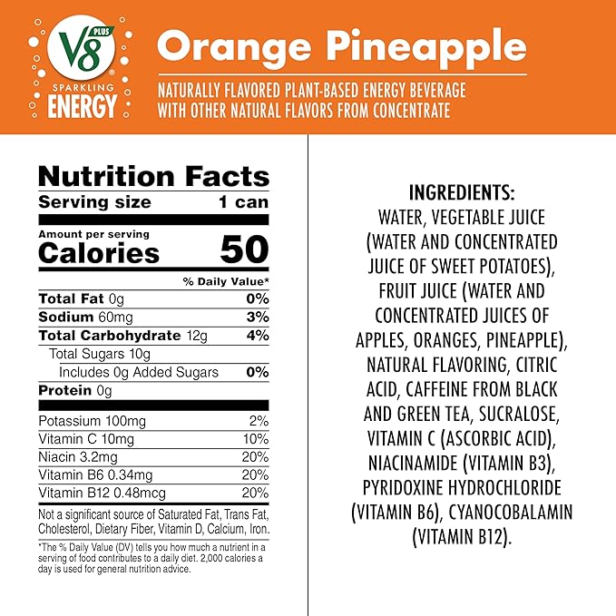 V8 +Energy Sparkling Orange Pineapple Juice Energy Drink 11.5 fl oz Can (12 Pack)
