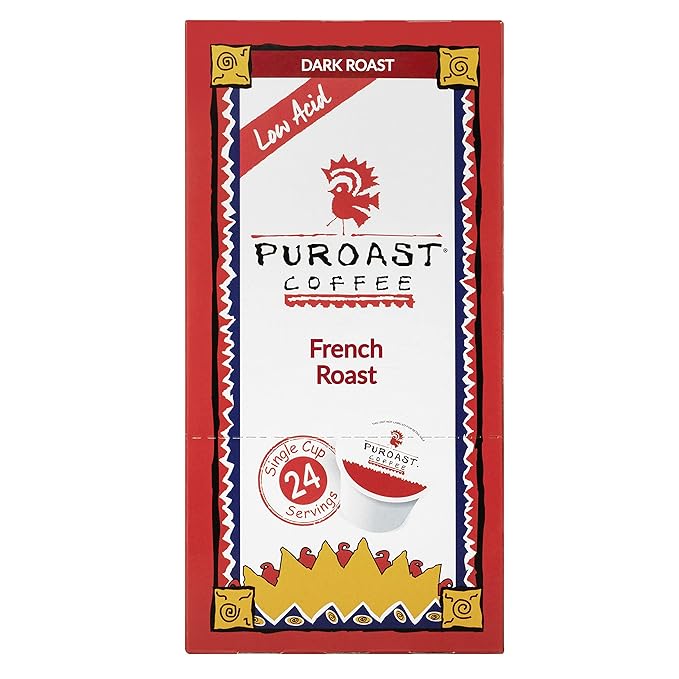 Puroast Low Acid Coffee Single-Serve Pods French Roast Certified Low Acid Coffee - pH above 5.5 Dark Roast Original (24 Count)- Gut Health Higher Antioxidant Roasted with Clean Energy - Compati