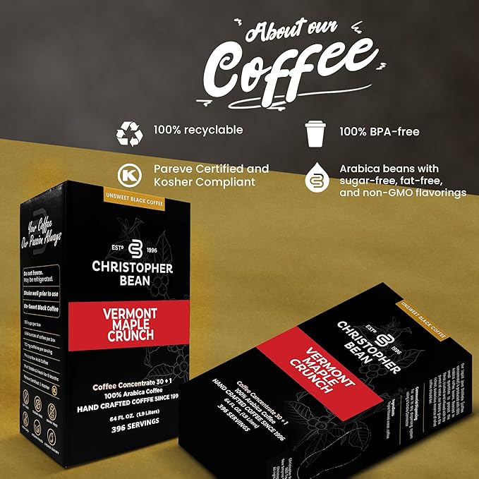 Christopher Bean Coffee - 396 servings 30 to 1 Blend Bag in Box Liquid Instant Coffee or Cold Brew Coffee Concentrate - Hot or Iced Coffee - Vermont Maple