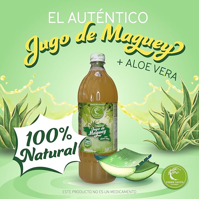 Maguey Juice with Aloe Vera 100% Natural Verde Santo | 1 Liter Bottle | Functional Plant-Based Drink | No Sugar | No Alcohol | Product of Mexico