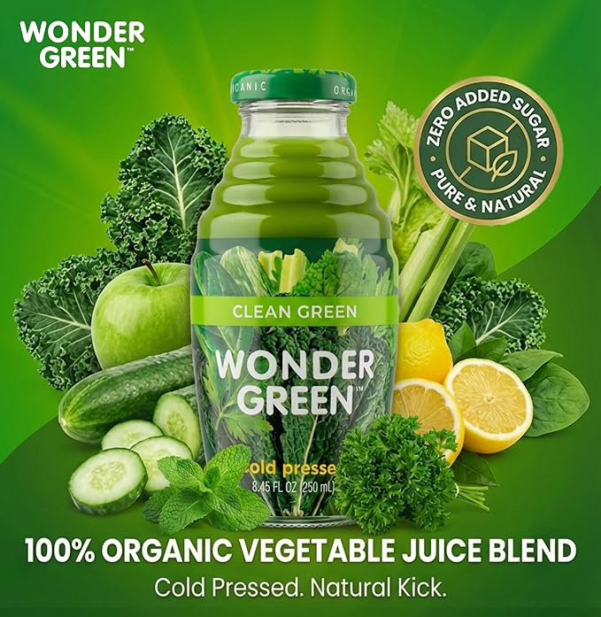 Wonder Green 100% Organic Clean Green Cold Pressed Juice 8.45 oz (6 Pack) | Kale &amp Vegetable Juice Blend All Natural No Additives or Preservatives Not from Concentrate