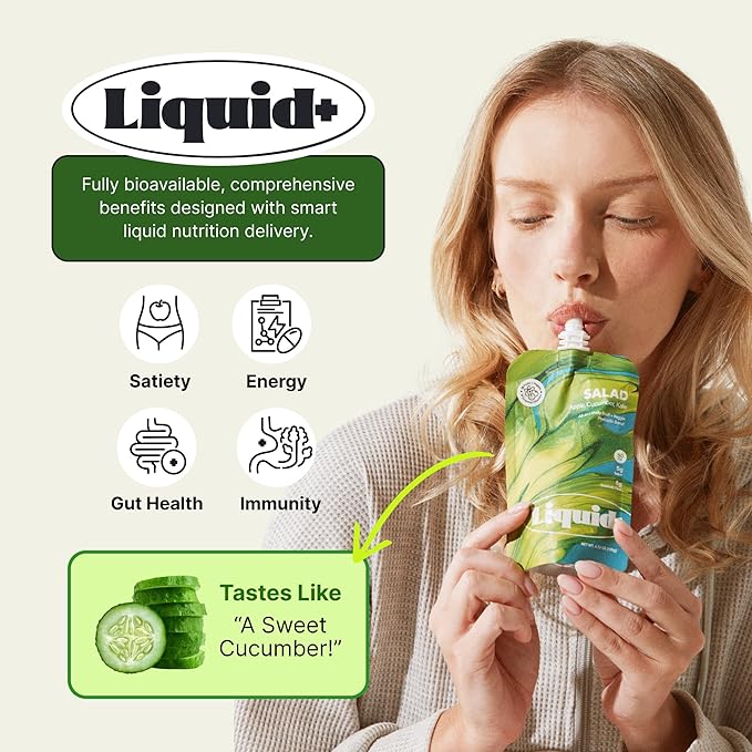 Liquid Salad High Fiber Veggie Pouches by Liquid Plus Convenient Greens Smoothie with Prebiotic Fiber Superfoods Veggies and Fruits Healthy Vegan and Gluten Free Snacks with 15 Vitamins &amp Mine