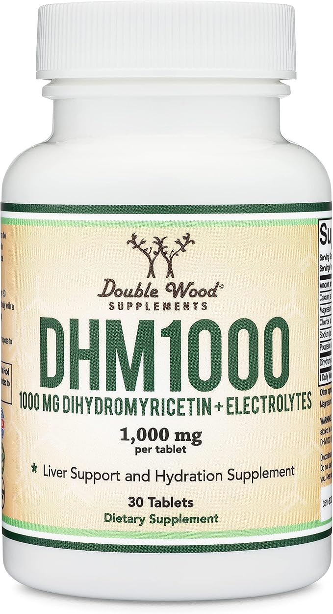 DHM1000 Dihydromyricetin (DHM) Tablets - Most Powerful DHM Supplement on The Market - 1000mg (30 Count) Enhanced with Electrolytes for Hydration and Liver Support by Double Wood
