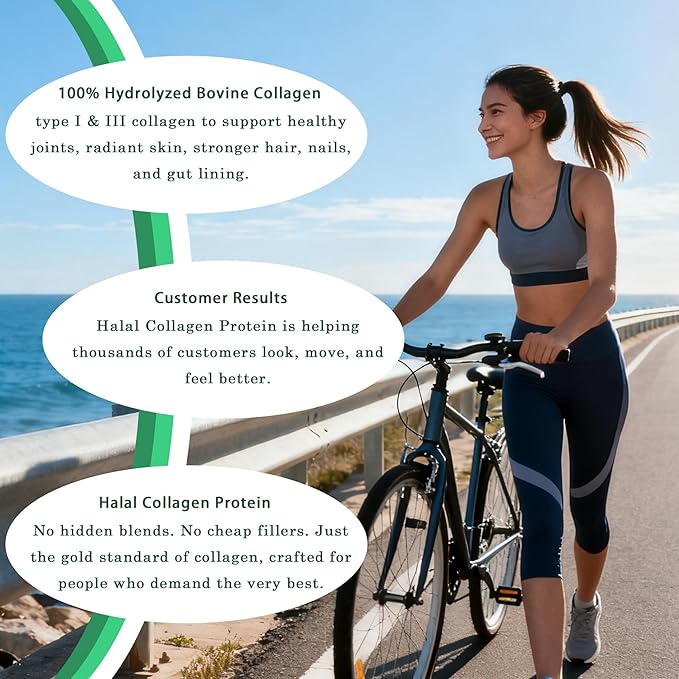 Halal Collagen Protein Powder - Pure Halal Collagen Peptides Grass Fed Organic Hydrolyzed Powder Skin Glows | Joints Support | Gut Support Non GMO Sugar Free Unflavoured 30 Servings
