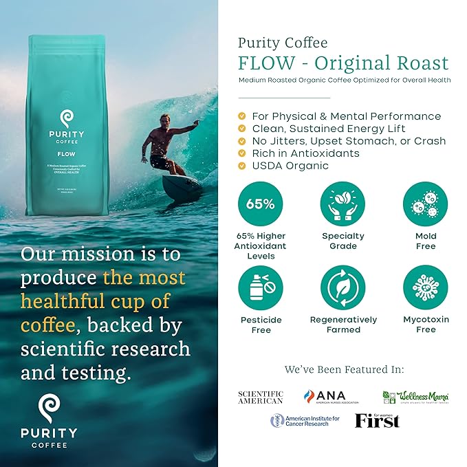Purity Coffee FLOW Original Medium Roast Whole Bean (5lb Bag) | Specialty-Grade USDA Organic Arabica Blend | Third Party Tested for Mold Mycotoxins &amp Pesticides